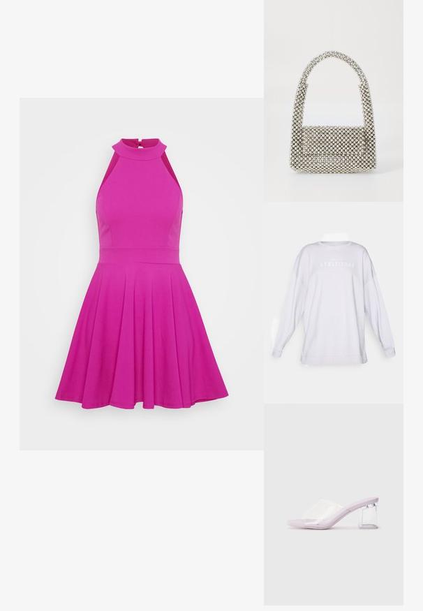 Sweatshirt branco oversized com mangas longas, decote redondo e texto impresso "ATHLEISURE" em cinza suave atravessando o peito. Textura de tecido macio.; Vestido rosa ajustado com decote alto, design sem mangas e saia rodada. Feito de um material suave sem padrões visíveis ou elementos metálicos.; Mules lilás de salto com uma parte superior de plástico transparente e um salto bloco transparente. Textura suave, design de bico aberto, forma minimalista.; Mala de pérolas prateadas com um cabo curvado, corpo retangular e coberta de gemas refletoras, apresentando um bolso com aba na frente.