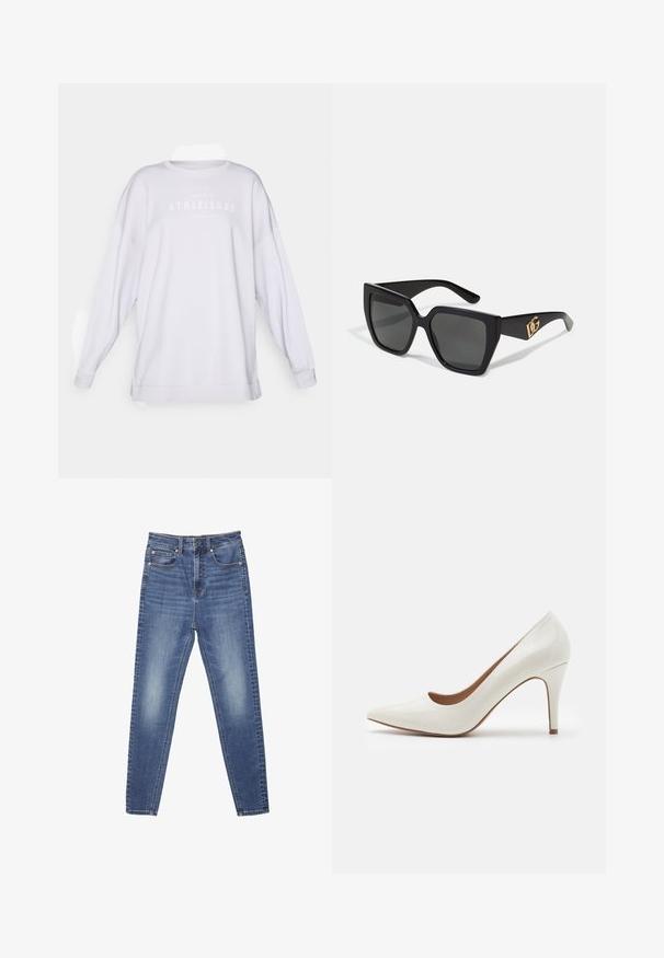 Bílý oversized svetr s dlouhými rukávy, kulatým výstřihem a tištěným textem "ATHLEISURE" v jemné šedé barvě na hrudi. Měkká textilie.; Modré džínové kalhoty se rovnou nohavicemi, pěti kapsami a viditelným šitím. Tkanina má vybledlou strukturu s hladkým povrchem.; Bílé lakované kožené lodičky na vysokém podpatku s špičatou špičkou a hladkým povrchem, vybavené štíhlým podpatkem a nízkým střihem kolem otvoru.; Černé sluneční brýle se čtvercovým designem a tmavými čočkami. Obsahují zlacené logo na stranách. Lesklé plastové rámy.; Kabelka na zápěstí Michael Kors v béžové potažené plátno s opakujícím se vzorem loga MK, zlatými kovovými doplňky a odnímatelným řetízkovým popruhem.