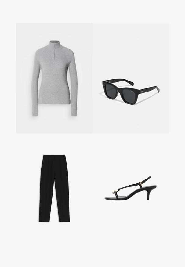 Helles graues, geripptes Pullover-Sweatshirt mit hohem Kragen und halbem Reißverschluss am Hals. Es hat lange Ärmel und ein figurbetontes Design.; Schwarze Hose mit geradem Schnitt, doppelten Falten, einer glatten Textur und einem klassischen Bunddesign. Keine sichtbaren Beschläge oder Akzente.; Schwarze Leder-Kitten-Heel-Sandale mit dünnen Riemen, goldener Schnalle und minimalistischer Zehen-Schlaufe vor einem weißen Hintergrund.; Schwarze rechteckige Sonnenbrille mit glattem Kunststoffrahmen und dunklen Gläsern. "QUAY"-Logo auf der Seite in Weiß. Minimalistisches Design.