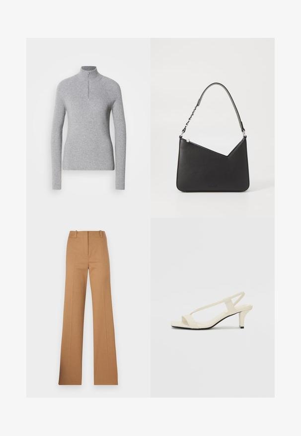 Lichtgrijze, geribbelde pullovertrui met een hoge kraag en een rits tot de helft van de hals. Het heeft lange mouwen en een getailleerd ontwerp.; HUGO HULANA - Chino - open brown; Beige blockhak sandalen met dunne bandjes en een vierkante neus. Glad materiaal met minimale details, ontworpen voor eenvoudig dragen.; Zwart leren handtas met een driehoekige vorm, een slanke strap en zilveren hardware. Voorzien van een ritssluiting en een reliëflogo op de voorkant.