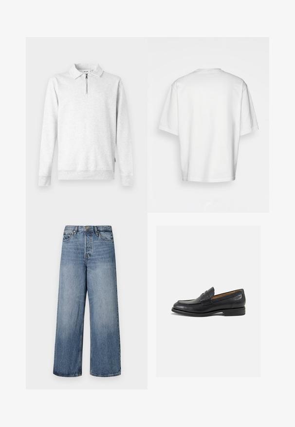 Világosszürke pulóver, cipzáros nyakkal, hosszú ujjal, bordás mandzsettával és alsó szegéllyel. Puha, struktúrált anyagból készült. Nincsenek minták vagy díszítések.; Fehér, rövidujjú póló, laza szabással, kerek dekoltázzsal, sima pamut anyagból, díszítés nélküli hátrésszel, egyenes szegéllyel, minta és kiegészítők nélkül.; Széles lábú kék farmernadrág, elhalványodott mosással, öt zsebbel és gombos zárással. Övhurkokkal és steppelt részletekkel ellátva.; Fekete bőr loaferek sima felülettel, lekerekített orral és díszítő varrással a lábfejen. Alacsony, réteges sarkú és enyhe fényű.