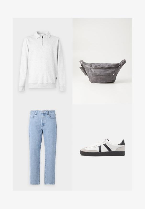 Světle šedá mikina se zipovým límcem, dlouhými rukávy, žebrovanými manžetami a spodním lemem. Vyrobena z měkké, texturované látky. Bez vzorů nebo akcentů.; Světle modré džínové kalhoty se rovnými nohavicemi, pěti kapsami a zapínáním na knoflíky. Měkká textura s klasickým vybledlým vzhledem.; Bílé tenisky s černými a šedými akcenty, opatřené texturovaným šedým prstovým krytem, černou gumovou podrážkou a plochými bílými tkaničkami. Čistý design, minimalistický styl.; Šedý semišový ledvinka s kulatým tvarem, dvěma zipovými přihrádkami a nastavitelným popruhem. Obsahuje kovové akcenty.