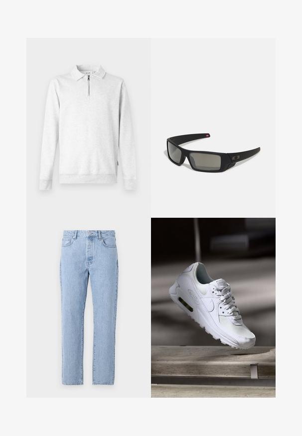 Lichtgrijze sweatshirt met een ritssluiting bij de kraag, lange mouwen, ribgebreide manchetten en zoom. Gemaakt van zachte, gestructureerde stof. Geen patronen of accenten.; Lichtblauwe spijkerbroek met een recht model, vijf zakken en een knoopsluiting. Zachte textuur met een klassieke vervaagde afwerking.; Witte Nike Air Max 90 sneaker met een bovenwerk van mesh en leer, een geperforeerde teenbox en een zichtbare luchtunit in de hiel.; Zwarte zonnebril met een matte afwerking, rechthoekige glazen, een lichte kromming op de slapen, subtiele logodetails en rookgetinte glazen.