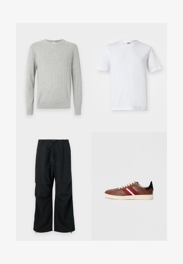 Hellgrauer gestrickter Pullover mit gerippter Textur, Rundhalsausschnitt und langen Ärmeln. Einfaches Design, das einen geraden Saum und ein strapazierfähiges Material aufweist.; Weißes Baumwoll-T-Shirt mit kurzen Ärmeln, Rundhalsausschnitt und glatter Textur. Keine Muster oder Akzente sind sichtbar.; Schwarze, weit geschnittene Hose mit einem Kordelzugbund und elastischen Säumen. Hergestellt aus leichtem, strukturiertem Stoff. Schlichtes Design.; Braune Leder-Sneaker mit weißen und burgunderroten Streifen, beigen Schnürsenkeln und einem schwarzen Fersenakzent. Verfügt über eine Gummisohle und eine glatte Oberfläche.