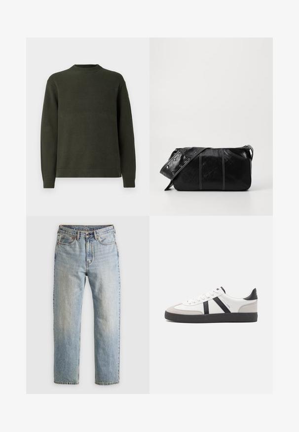 Pulover tricotat de culoare verde închis, cu mânecă lungă, guler rotund cu ripsuri, manșete și tiv, expus pe un fundal alb simplu.; Jeans din denim de culoare albastru deschis, cu talie înaltă, nasture frontal, fermoar și design cu cinci buzunare, așezate platesc pe un fundal neutru.; Sneaker alb cu accente negre și gri, având un capac de vârf gri texturat, talpă din cauciuc negru și șireturi plate albe. Design elegant, stil minimalist.; Geantă de umăr din piele neagră cu închidere cu fermoar, având un corp texturat, cusături albe și o curea cu ochiuri argintii.