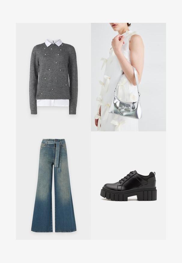 Szürke pulóver, kerek nyakkivágással, hosszú ujjakkal és fehér galléros inggel. Gyöngyszerű díszítéssel ellátva. Puha tapintású.; Bőszárú farmernadrág, világos és sötétkék árnyalatokkal, magas derekú, övgyűrűkkel és a nadrággal megegyező anyagú övvel. Textúrált farmer kivitel.; Fekete bőr platform cipők vaskos blokk sarkakkal, kerek orral és hagyományos fűzős kialakítással. Simára csiszolt felület és minimális részletezés jellemzi.; Ezüst fémes kézitáska, struktúrált formával, felső fogantyúval és masnis részlettel az elején. Simaságával és fényes felületével tűnik ki.
