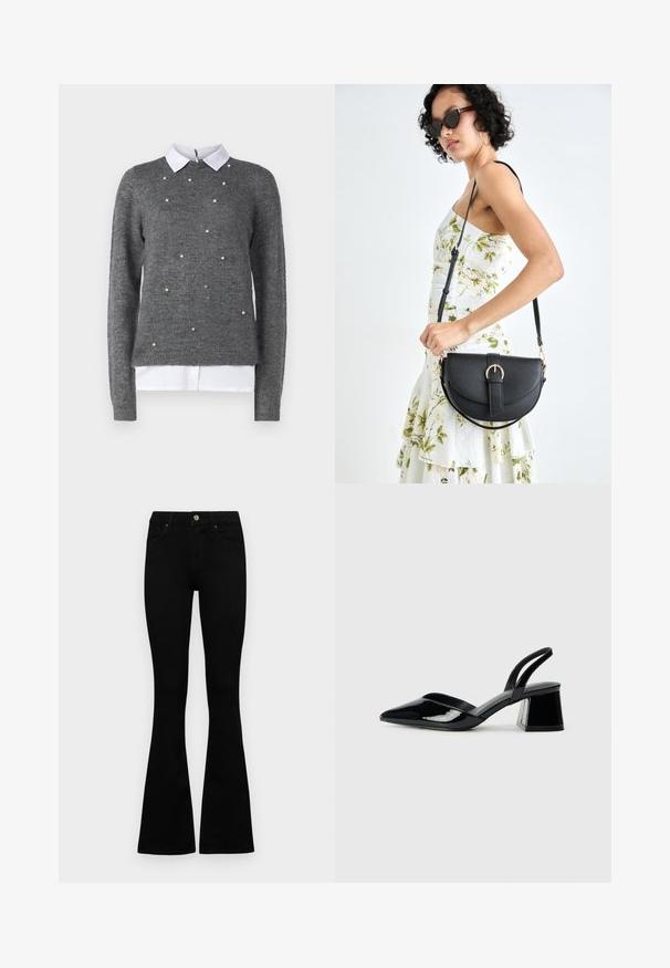 Suéter cinza com decote redondo, mangas longas e camiseta branca de gola por baixo. Decorado com detalhes semelhantes a pérolas espalhados. Textura suave.; Jeans pretos de cintura alta com fecho de botão e zíper, bolsos frontais e pernas largas dispostos em cima de um fundo branco.; Sandy em verniz preto com salto slingback, ponta afilada e salto geométrico. Apresenta um design elegante e minimalista com textura suave.; Bolsa de couro preta com forma curva, alça destacável e detalhes em dourado. A bolsa possui uma aba com detalhe de fivela.