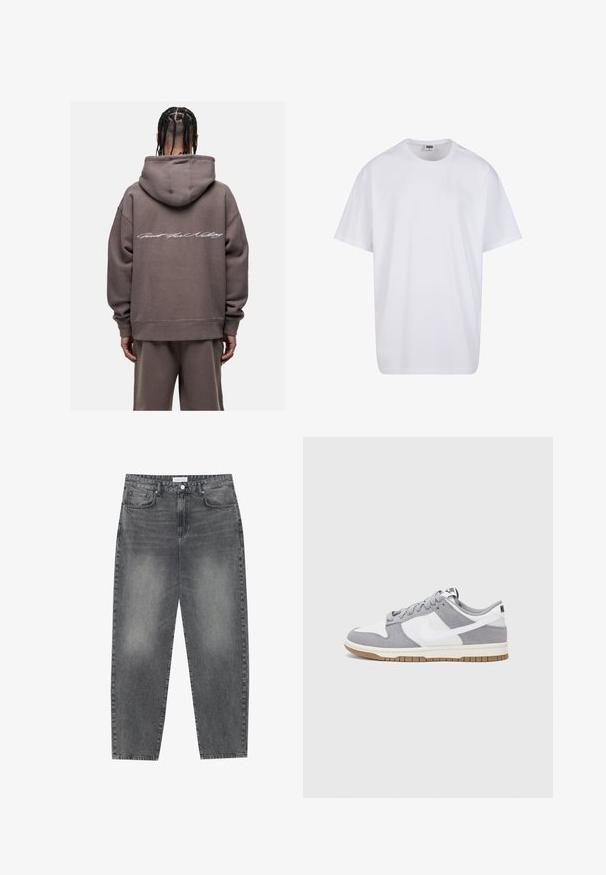 Felpa oversize con cappuccio in marrone tenue con finitura testurizzata. Presenta testo corsivo bianco sulla schiena e polsini a costine.; Maglietta bianca in cotone con maniche corte, scollatura rotonda, vestibilità comoda e senza loghi o motivi visibili. Texture liscia e design minimale.; Jeans a vita alta, dal taglio ampio in denim nero sbiadito. Presentano cinque tasche, passanti per cintura e un design dritto e pulito.; Sneaker grigia e bianca con tomaia in suede e pelle, punta arrotondata, lacci piatti e soletta in gomma con un accento color caramello.