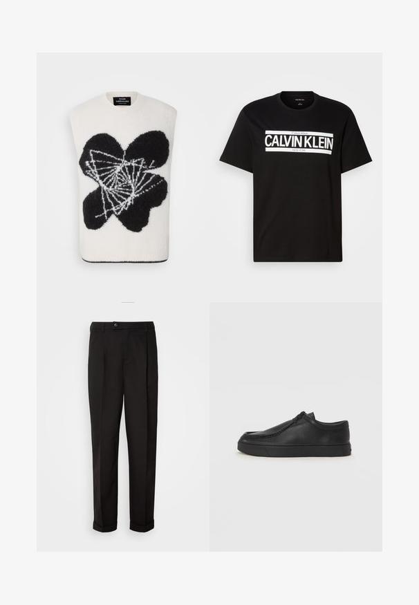 Svetrov brez rokavov v smetani z abstraktnim črnim cvetličnim vzorcem. Narejen iz mehke tkanine, z okroglim ovratnikom in rebrastim robom.; Črna kratkohlačasta majica s kratkimi rokavi, z belim logotipom "CALVIN KLEIN NEW YORK" na sredini prsnega dela, okrogel ovratnik in oznaka srednje velikosti znotraj ovratnika.; Črne hlače z gladko teksturo, z ravnim krojem, dvema sprednjima žepoma in zapiranjem na en gumb v pasu.; Črne usnjene natikače s zaobljenim prstom, šivanim detajlima in črnim gumijastim podplatom. Gladka tekstura z minimalističnim dizajnom.