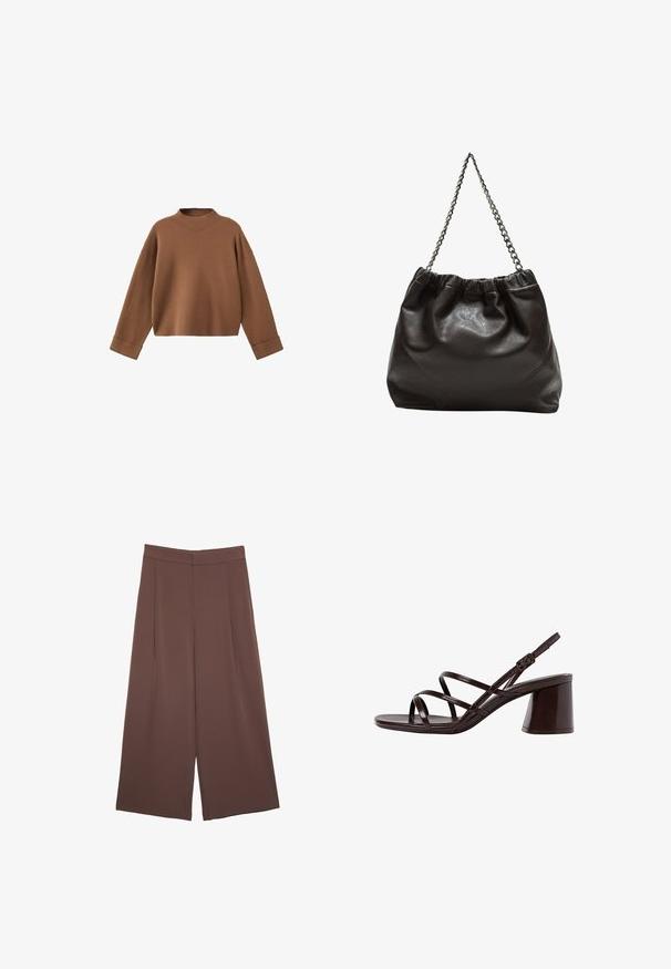 Hnědý pletený pulovr s vysokým výstřihem, spuštěnými rameny a širokými manžetami. Měkká textura a zkrácený design.; Hnědé široké kalhoty s hladkou texturou, vysokým pasem a předními záhyby. Materiál je lehký a volně splývá.; Hnědé sandály na vysokém podpatku s robustním podpatkem, s hladkým, lesklým povrchem a několika křížícími se pásky na svršku.; Hnědá kožená taška se sbíraným vrškem a řetízkovým popruhem. Hladký povrch s lesklým finišem a jemným švem na bocích.