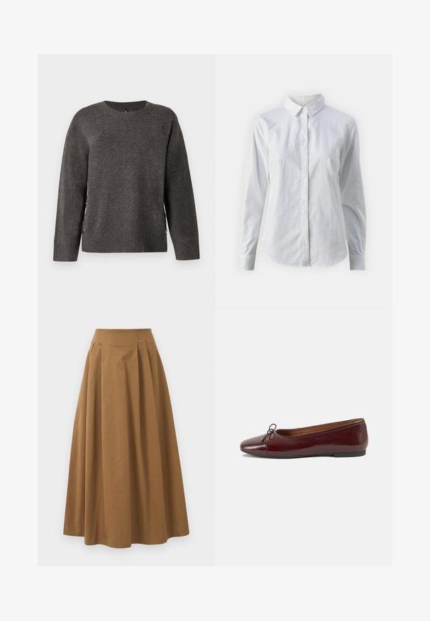 Pull en tricot gris avec un col rond, un ourlet côtelé et des boutons sur les côtés pour un design unique. Texture douce avec une silhouette classique.; Chemise blanche à manches longues en coton lisse, dotée d'un col classique et d'un ourlet arrondi. Les boutons sont petits et blancs.; Jupe A-line en coton brun avec taille haute, dotée de plis sur le devant et d'une texture lisse. Les finitions de l'ourlet sont nettes et simples.; Ballerines en cuir verni bordeaux avec un bout rond, un petit nœud décoratif à l'avant et une semelle en caoutchouc noire basse. Texture lisse.