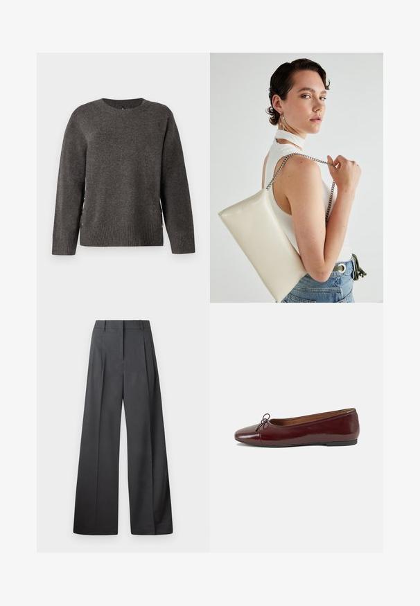 Maglione grigio lavorato a maglia con collo rotondo, orlo a coste e bottoni laterali per un design unico. Texture morbida con una silhouette classica.; Pantaloni a gamba larga in tessuto grigio scuro, con vita alta, pieghe singole e una texture liscia con una finitura pulita sui orli.; Ballerine in pelle verniciata bordeaux con punta arrotondata, piccolo fiocco decorativo sulla parte anteriore e suola bassa in gomma nera. Texture liscia.; Borsa a pochette rettangolare bianca realizzata in materiale lucido, con una tracolla in catena argentata. Il modello posa, mostrando la borsa su uno sfondo semplice.