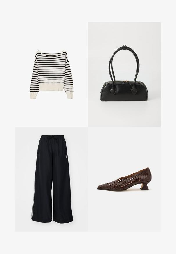 Čierno-biely pruhovaný sveter s širokým lodičkovým výstrihom, dlhými rukávmi a tesným rebrovaným lemom na páse. Mäkká, pletená textúra.; Čierne široké nohavice vyrobené z ľahkého materiálu. Majú elastický pás s šnúrkou a biele bočné pruhy. Logo značky na boku.; Hnedé pletené kožené lodičky s špicatou špičkou, otvoreným vykrojeným dizajnom, nízkym sochárskym podpätkom a hladkým vnútorným podšívaním.; Čierna kožená kabelka s dvoma predĺženými ušami, zipsovým uzáverom a zaobleným tvarom; hladký povrch s jemným lesklým nádychom.