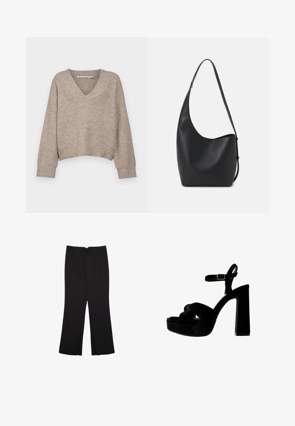 Beżowy sweter dzianinowy z dekoltem w serek i skróconym krojem. Posiada luźne rękawy oraz teksturowany wzór na całej powierzchni.; Czarne spodnie o prostym kroju, z przednimi kieszeniami i bocznymi rozcięciami na dole. Wykonane z miękkiego, gładkiego materiału. Odpowiednie na różne okazje.; Czarne sandały na platformie z grubym obcasem, wykonane z zamszu, z węzłowym przodem i regulowanym paskiem na kostkę z metalową klamrą.; Czarna skórzana torba hobo o gładkiej fakturze, zaokrąglonym kształcie i pojedynczym, regulowanym pasku; posiada szerokie otwarcie na górze.