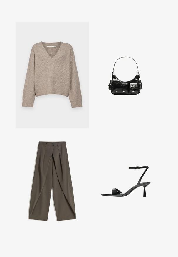 Maglione beige lavorato a maglia con scollatura a V e design accorciato. Presenta maniche ampie e un motivo testurizzato su tutta la superficie.; Pantaloni a gamba larga realizzati in un tessuto testurizzato grigio scuro. Presentano una piega frontale, chiusura con bottone e tasche laterali per praticità.; Bershka Sandali con tacco - black; Borsa a spalla in vernice nera con forma curvata, una tracolla, tasche frontali e dettagli in metallo argentato.
