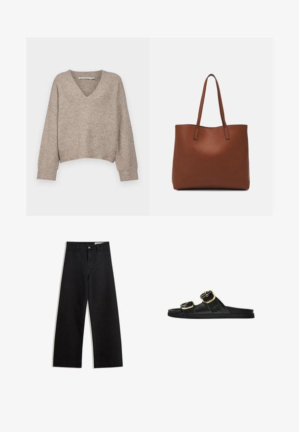 Pulover bej tricotat cu decolteu în V și design scurt. Dispune de mâneci largi și un model texturat pe toată suprafața.; Pantaloni din denim negri cu picioare largi, cu talie înaltă, având buzunare frontale și posterioare, cusături dublate și închidere cu nasture. Textură netedă.; Sandalie negre cu toc plat, cu două accente de cataramă aurie, din material texturat neted și design minimalist.; Geantă de umăr din piele maro cu o textură netedă, design cu vârf deschis și două curele pentru umăr. Prezintă cusături minime și fără componente metalice vizibile.