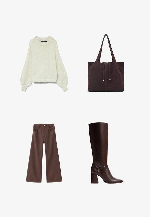 Cremfarbener Strickpullover mit Rundhalsausschnitt, geripptem Saum und Ballonärmeln, die strukturierte Muster entlang der Bündchen aufweisen.; Braune, weite Jeans aus Denim. Verfügt über fünf Taschen, einen Reißverschluss und Metallnieten. Glatte Textur und klassisches Design.; Braune Lederkniehohe Stiefel mit einer spitzen Zehe und Blockabsatz, die eine glatte Textur und ein elegantes Design aufweisen. Akzentuiertes Nähen am Knöchel.; Mango Shopping Bag - dark brown