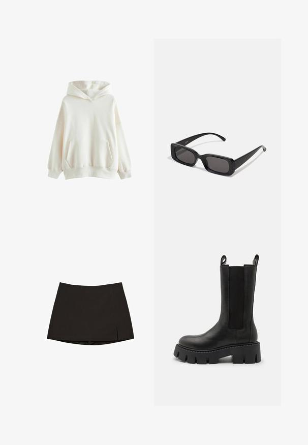 Sweatshirt à capuche blanche en tissu doux, avec une poche avant, des poignets côtelés et une coupe décontractée avec une capuche à double épaisseur.; Mini-jupe noire en tissu lisse, avec une coupe droite, des fentes latérales et un ourlet net. Simple et polyvalente.; Bottines en cuir noir avec panneaux élastiques sur les côtés, languettes de tirage, semelle crantée épaisse et détails de couture renforcée. La surface a une texture lisse.; Lunettes de soleil noires rectangulaires avec des verres foncés, finition brillante, larges branches et un design de monture épaisse. Nom de marque gravé sur une branche.