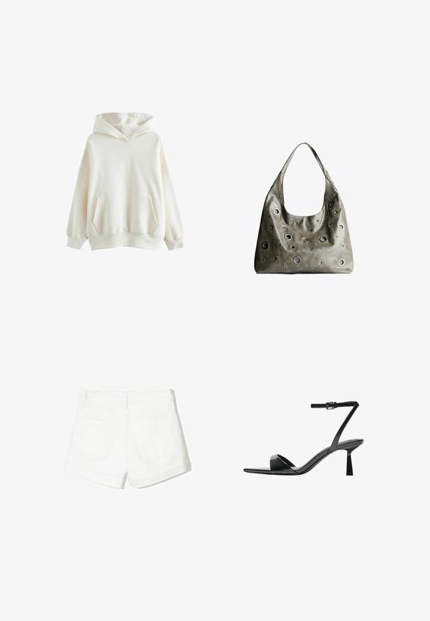 Witte hoodie gemaakt van zachte stof, met een voorzak, geribbelde manchetten en een ontspannen pasvorm met een dubbel-laags capuchon.; Witte denim shorts met een opgerolde zoom, twee achterzakken en een gladde textuur. Eenvoudig ontwerp zonder zichtbare hardware of patronen.; Bershka Sandalen met hoge hak - black; Olijfgroene leren handtas met een slungelig ontwerp, voorzien van rondvormige uitsparingen van verschillende groottes en accenten in donkerdere en lichtere tinten.