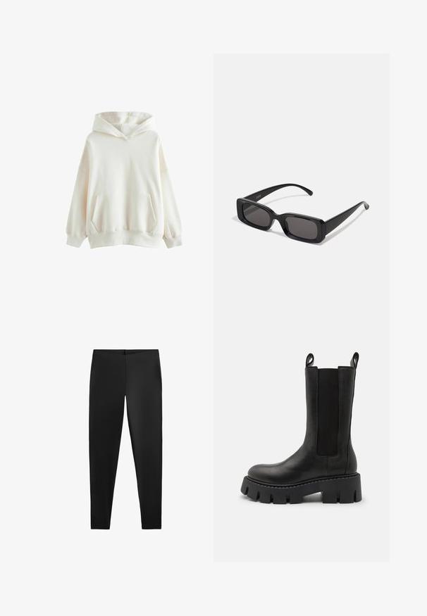 Vit huva-tröja tillverkad av mjukt tyg, med en framficka, ribbade ärmslut och en avslappnad passform med en dubbel-lagrad huva.; Svarta leggings med en slät yta och åtsittande silhuett, med hög midja och en sömlös design för komfort och mångsidighet.; Svart läderankelboot med elastiska sidopaneler, dragremmar, kraftig mönstrad sula och förstärkta sömmar. Ytan har en slät textur.; Svarta rektangulära solglasögon med mörka linser, glänsande yta, breda skalmar och en gedigen ramdesign. Graverat märke på ena skalmen.