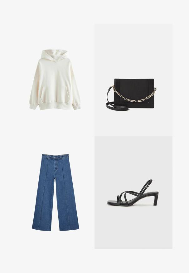 Weißer Kapuzenpullover aus weichem Stoff, mit einer Fronttasche, gerippten Bündchen und einem lässigen Schnitt mit einer zweilagigen Kapuze.; Weite Jeans aus Denim in Mittelblau, mit hoher Taille, Knopfverschluss und kontrastierenden vertikalen Nahtdetails an der Vorderseite.; Schwarze Sandale mit Riemchen, quadratischer Zehenform und niedrigem Blockabsatz. Verfügt über mehrere dünne Riemen und einen verstellbaren Knöchelriemen. Hergestellt aus glattem Leder.; Schwarze Leder-Crossbody-Tasche mit glatter Textur, rechteckiger Form und metallic-kettendetail auf der Vorderseite. Verstellbarer Gurt inklusive.