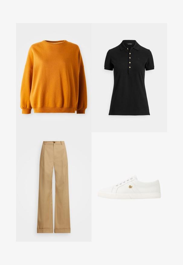 Oranges Sweatshirt mit rundem Ausschnitt, überschnittenen Schultern und gerippten Bündchen. Weiche Textur mit einem leichten gesprenkelten Muster.; Schwarzes Poloshirt aus strukturiertem Stoff mit Kragen, kurzen Ärmeln und einer Knopfleiste mit goldfarbenen Knöpfen. Dezentes Logodetail auf der Brust.; Beige weite Beinhosen mit Knopfverschluss, die eine glatte Textur und gebügelte Falten aufweisen. Mit umgeschlagenen Säumen für zusätzliche Details.; Lauren Ralph Lauren JANSON II CANVAS SNEAKER - Sneaker low - optic white