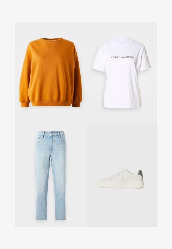 Oranje sweatshirt met een ronde halslijn, verlaagde schouders en ribgebreide manchetten. Zachte textuur met een lichte gespikkelde patroon door het geheel.; Witte katoenen T-shirt met korte mouwen, voorzien van zwarte tekst "Calvin Klein Jeans" op de voorkant. Crew neck ontwerp, gladde textuur.; Lichtblauwe denim jeans, recht gesneden design, middelhoog taille, met vijf-vaks stijl en een knoopsluiting aan de voorkant.; Witte sneaker van leer met een gladde textuur, featuring een zilveren accent op de hiel, een platte zool en een minimalistisch ontwerp.