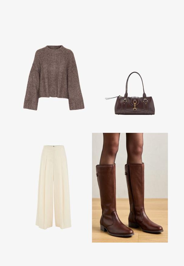 Brown, cropped, knitted sweater with a wide neckline, long sleeves, and a textured finish. Features ribbed accents at cuffs.; Wide-leg trousers in light beige fabric, featuring pleated front design, high waist, and smooth texture. No visible hardware or patterns.; Anna Field LEATHER - Boots - brown; Dark brown leather handbag with two top handles, gold hardware accents, a front clasp detail, and stitched textures on the sides.