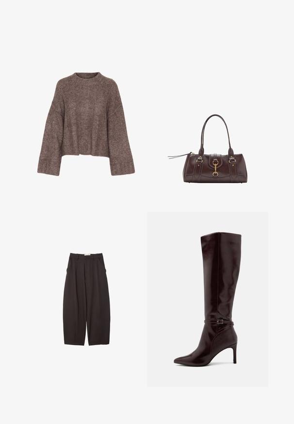 Hnědý, zkrácený pletený svetr s širokým výstřihem, dlouhými rukávy a texturovaným povrchem. Obsahuje žebrované detaily na manžetách.; Černé široké kalhoty vyrobené z hladkého materiálu, s vysokým pasem, předními sklady a bočními kapsami. Jednoduchý design bez ozdob.; Anna Field Vysoká obuv - bordeaux; Tmavě hnědá kožená kabelka s dvěma horními držadly, zlatými kováními, detailním předním zapínáním a prošívanou texturou na bocích.