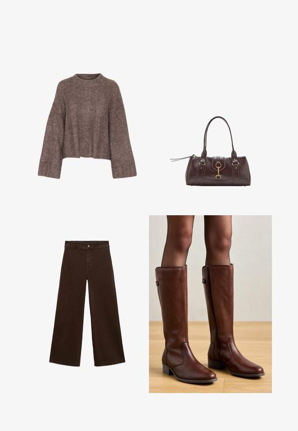 Brun, cropped, strikket sweater med en bred halsudskæring, lange ærmer og en tekstureret overflade. Har ribbede detaljer ved ærmerne.; Brune viddebukser i en bomuldsblanding, med en frynset kant, frontknaplukning og klassisk fem-lomme design. Minimalistiske og alsidige.; Anna Field LEATHER - Høje støvler/ Støvler - brown; Mørkebrun læderhåndtaske med to hanke i toppen, detaljer i guldmetal, en frontlås og syede teksturer på siderne.