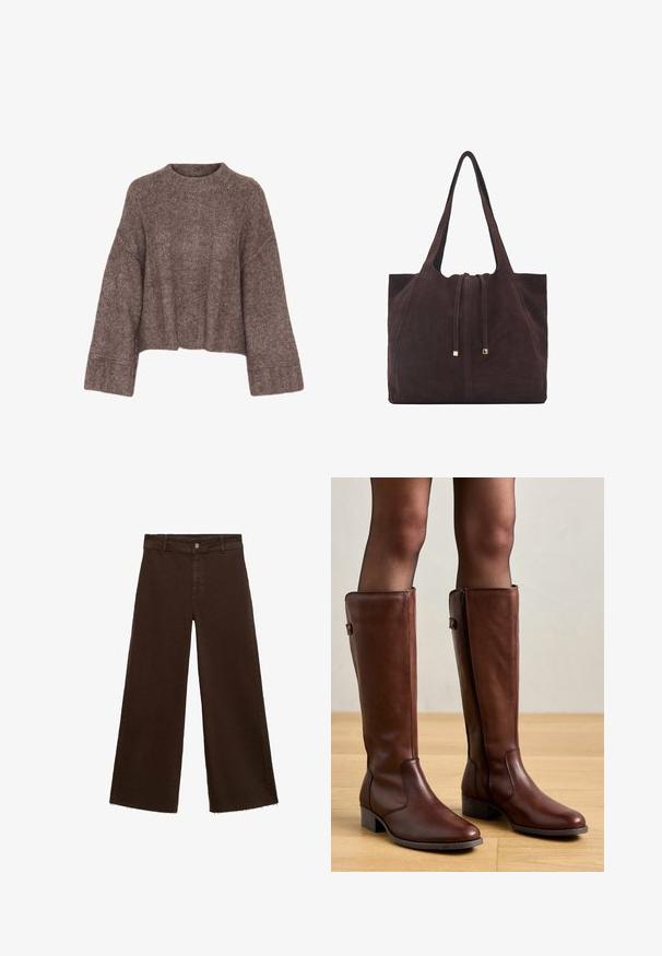 Brun, cropped, strikket sweater med en bred halsudskæring, lange ærmer og en tekstureret overflade. Har ribbede detaljer ved ærmerne.; Brune viddebukser i en bomuldsblanding, med en frynset kant, frontknaplukning og klassisk fem-lomme design. Minimalistiske og alsidige.; Anna Field LEATHER - Høje støvler/ Støvler - brown; Mango Shopping bags - dark brown