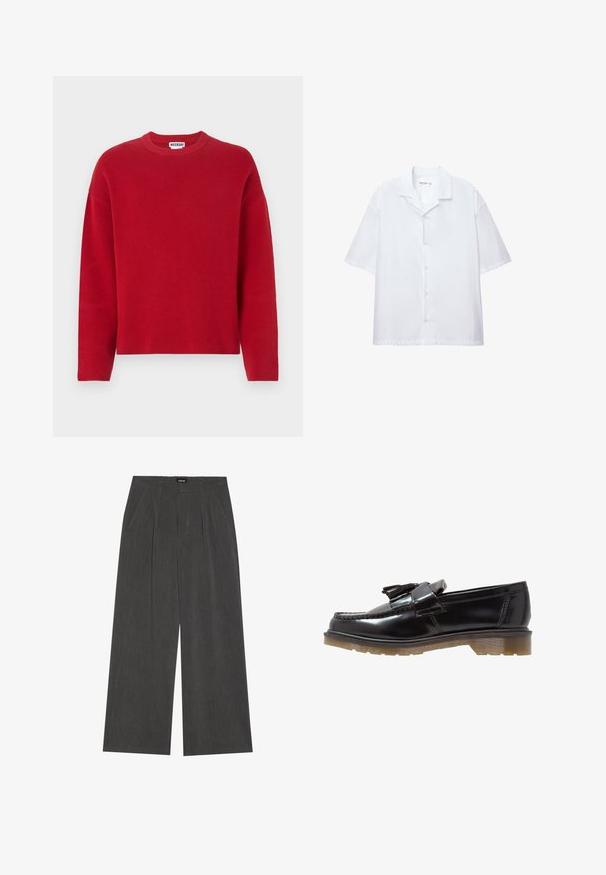 Roter gestrickter Pullover mit Rundhalsausschnitt und überschnittenen Schultern. Verfügt über eine strukturierte Oberfläche und eine lockere Passform. Keine sichtbaren Muster oder Akzente.; Kurzärmliges, weißes Hemd aus glattem Stoff mit klassischem Kragen und lockerer Passform. Keine sichtbaren Muster oder Akzente.; Weite Hosen aus dunkelgrauem Stoff mit einem gefalteten Vorderteil, zwei Seitentaschen und einem flachen Bund. Angenehme Textur und maßgeschneidertes Design.; Schwarze lackierte Lederloafers mit geflochtenem Design, Quastenakzent und einer klobigen, strukturierten Gummisohle. Die Seitenansicht zeigt die schlanke Silhouette.