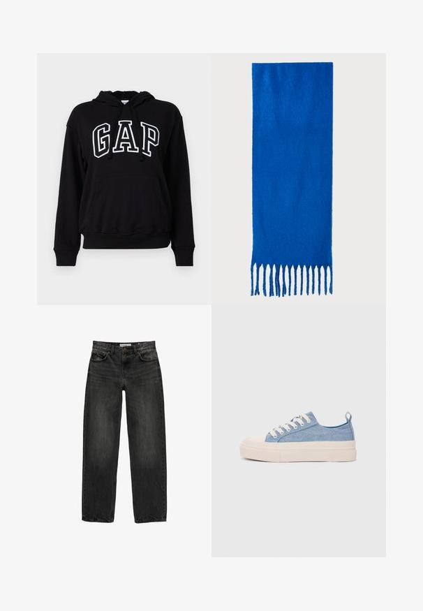 Črna kapuca s sprednjim žepom v obliki kenguruja, na kateri je v velikih belih črkah napis "GAP". Mehka tkanina in rebraste manšete.; Črne jeans hlače s sproščenim krojem, ravnimi nogavicami, petimi žepi in rahlo zbledelim videzom. Zapenjanje na gumb in zadrgo spredaj.; Svetlo modri platneni športni copati z kremnim gumijastim zaščitnikom na prstih in podplatom, z belimi vezalkami in zanko na peti.; Modra šal s frinčo iz mehkega materiala; ima enotno barvo s teksturirano površino in enakomerno rezane frinče na dnu.