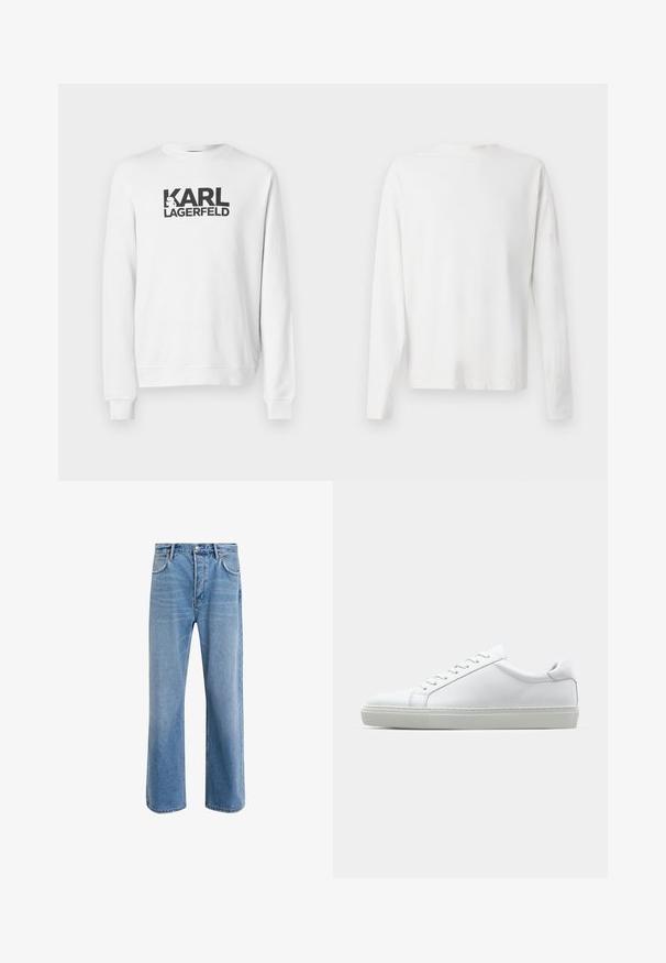 Vit sweatshirt med ett stort svart "KARL LAGERFELD"-logotyp på framsidan. Klassisk rundhals, ribbade mudd och nederkant. Tillverkad av bomull.; Vit långärmad skjorta i bomull med rund halsringning, sidofickor längst ner och en slät yta, visad bakifrån.; Ljust blå denimjeans med rak passform, fem fickor, knappstängning, minimal blekning och kontrasterande sömdetaljer.; Vit sneaker med en slät läderövre och låg profil. Har en rundad tå, sex snörhål och en strukturerad gummisula.