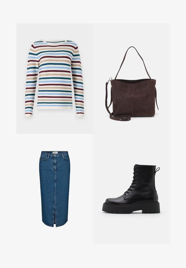 TOM TAILOR NEW OTTOMAN - Strickpullover - teal-colored; Dunkelblauer Denim-Bleistiftrock mit einem Schlitz vorne, fünf Taschen und kontrastierenden Nähten. Mittlere Taillenhöhe mit klassischem Design.; Schwarze Lederstiefeletten mit runder Zehenpartie, Schnürung vorne und einer dicken Gummisohle mit strukturiertem Profil. Mit Zugschlaufe an der Rückseite.; Braune Wildleder-Tasche mit weicher Textur, ausgestattet mit einem einzelnen Schulterriemen und einer dezenten, gewölbten Öffnung an der Oberseite. Keine sichtbaren Beschläge.