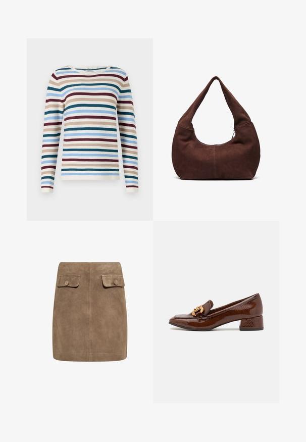 TOM TAILOR NEW OTTOMAN - Svetr - teal-colored; Hnědá semišová mini sukně s hladkou texturou, vybavená dvěma předními kapsami s klopami a knoflíkovými zapínáními po stranách. Jednoduchý, rovný design.; Hnědé kožené mokasíny s lesklým povrchem, se zdobnou zlatou sponou na přední straně a nízkým blokovým podpatkem. Klasický design.; Hnědá semišová hobo taška s zakřiveným, širokým uchem a velkým otvorem. Měkká textura se viditelným prošíváním podél okrajů.