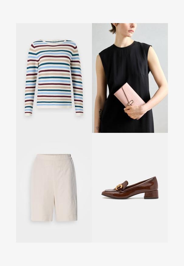 TOM TAILOR NEW OTTOMAN - Stickad tröja - teal-colored; Krämfärgade shorts med en avslappnad passform, som har en rak framsida, elastisk midja och subtila sömnadsdetaljer på sidorna.; Bruna läderloafers med en glänsande yta, försedd med en dekorativ guldkoppling på framsidan och en låg blockklack. Klassisk design.; Ljust rosa vävt plånbok med en texturerad yta, prydd med ett guldspänne. Hålls av en person i en svart ärmlös klänning. Enkelt design.