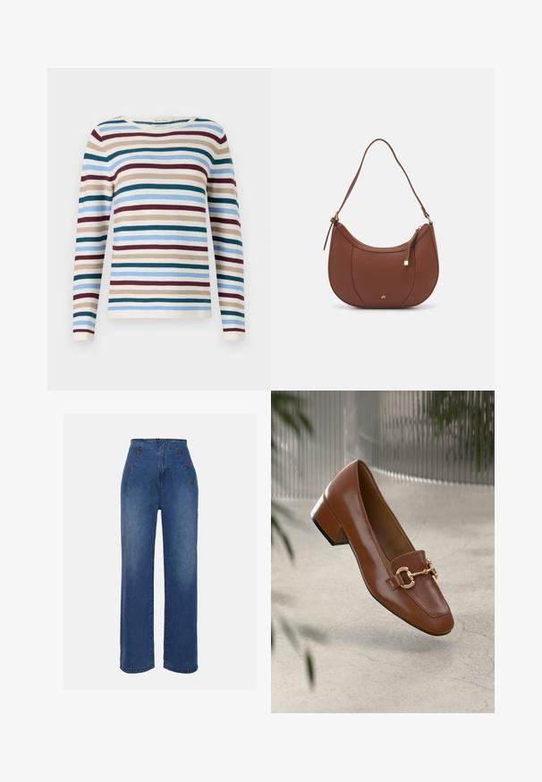 TOM TAILOR NEW OTTOMAN - Džemper - teal-colored; Keskmise sinise värviga kõrge vöökohaga teksad. Omavad esipoolsete nööbiefekte ja laia jala disaini. Kanga tekstuur on sile ja kerge kulumisega.; Pruunist lakknahast loafer, millel on ruudukujuline varvas, metallist ahel kaunistus ja madal plokkkonts; sile tekstuur, minimalistlik disain.; Pruun faux nahast õlaline kott, millel on kaarjas kuju, minimaalne õmblemine ja kuldse tooni metallist aksessuaar. Omab ülemist tõmblukku ja reguleeritavat rihma.