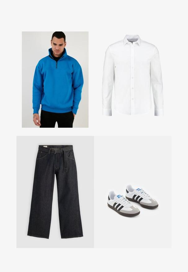 Kék polár pulóver félig cipzáros gallérral, hosszú ujjal és bordázott mandzsettával. Simább érzetű anyag és laza szabás jellemzi.; Fehér, hosszú ujjú, gombos ing sima pamutból készült. Klasszikus gallérral és gombos elülső zárással rendelkezik, egyenes szegéllyel.; Sötét farmer széles lábú nadrág övvel a deréknál, elülső zsebekkel és kontrasztos varrással. Sima textúra tiszta dizájnnal.; Fehér bőr felsőrészes sportcipő, szürke velúrból készült orral és három fekete csíkkal. Jellemzője a kék logó a nyelvén és egy texturált gumitalp.