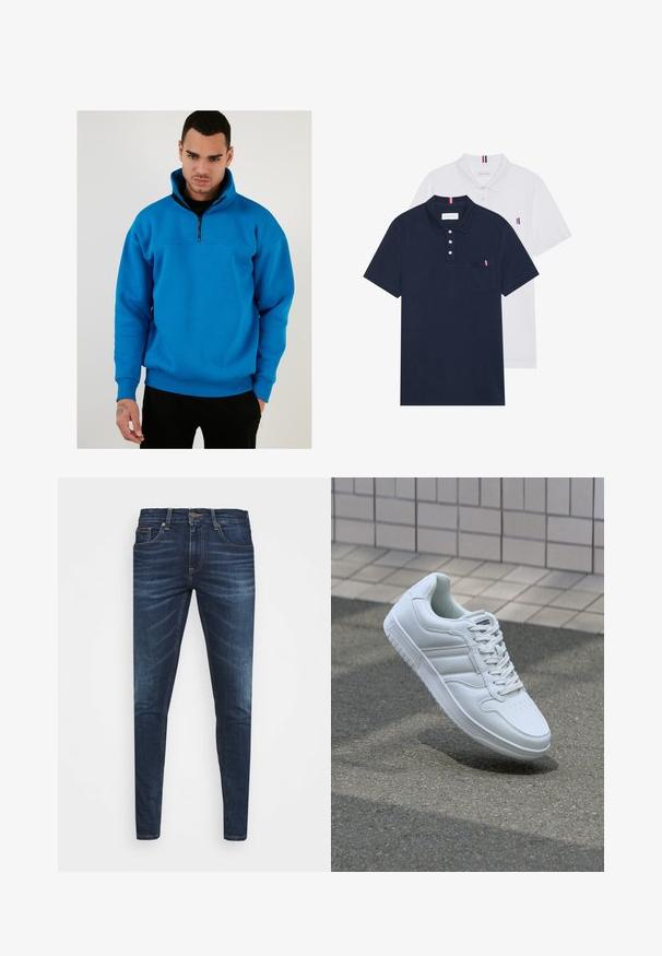 Kék polár pulóver félig cipzáros gallérral, hosszú ujjal és bordázott mandzsettával. Simább érzetű anyag és laza szabás jellemzi.; Két pólóing: az egyik sötétkék, a másik fehér, mindkettőn kicsi piros, fehér és kék díszítés található a mellzsebből és a galléron.; Sötétkék farmernadrág, testhezálló fazonnal, finom áttűnéssel, öt zsebbel és fémből készült gombzárral. Kontrasztos színű varrási díszítések.; Fehér sportcipő sima bőr felsőrésszel, fűzős elülettel, perforált orral és mintázott talppal. Minimalista dizájn három oldalsávval.