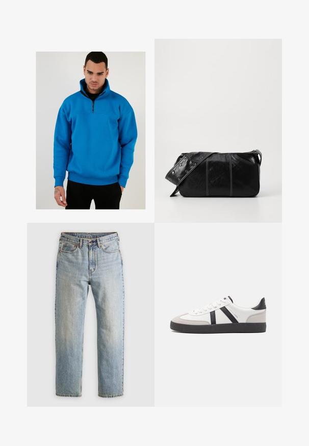 Zila flīsa džemperis ar pusvilcienu apkakli, garām piedurknēm un ribotām aprocēm. Izceļas ar gludu tekstūru un brīvu piegriezumu.; Gai zila denima bikses ar augstu jostasvietu, priekšējo pogu, rāvējslēdzēju un piecu kabatu dizainu, izlīdzinātas uz neitrāla fona.; Baltas sneakeris ar melniem un pelēkiem akcentiem, kuram ir teksturēts pelēks purngals, melna gumijas zole un plakanas baltas šņores. Tīrs dizains, minimālisma stils.; Melnas ādas plecu soma ar rāvējslēdzēja aizdari, ar teksturētu virsmu, baltu dūrienu un siksnu ar sudraba iekavām.