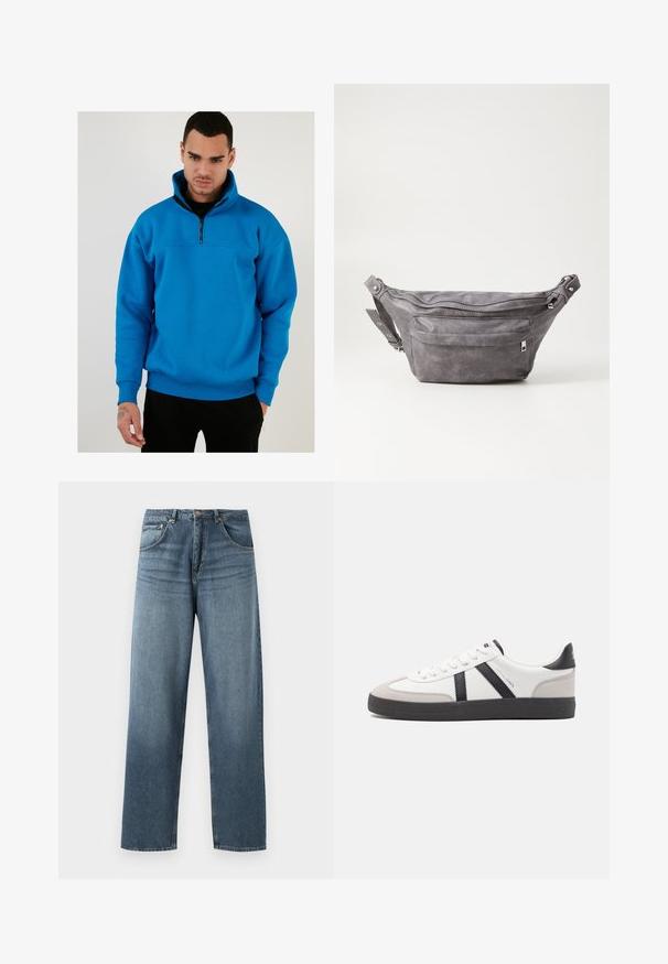 Modrý fleecový svetrový pulóver s polovičným zipsom, dlhými rukávmi a rebrovanými manžetami. Má hladkú textúru a voľný strih.; Džíny z modrej denimovej látky s rovným strihom a vyblednutým umývaním, s piatimi vreckami, kovovým gombíkom a pútkami na opasok. Pevná, stredne ťažká tkanina.; Biele tenisky s čiernymi a šedými akcentmi, s textúrovanou šedou špičkou, čiernou gumovou podrážkou a plochými bielymi šnúrkami. Čistý dizajn, minimalistický štýl.; Sivá semišová ľadvinka s okrúhlym tvarom, dvoma zipsovými priehradkami a nastaviteľným popruhom. Obsahuje kovové prvky.