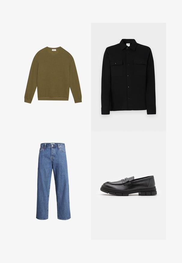 Olivově zelený svetr s dlouhým rukávem a texturovaným herringbone vzorem, kulatým výstřihem a žebrovanými manžetami a lemem. Jednoduchý, volný střih.; Černá košile na knoflíky z hladkého materiálu, se dvěma náprsními kapsami, límcem s špičkami a manžetami na knoflíky. Jednoduchý design s minimálními detaily.; Světle modré džíny z denimu s rovnými nohavicemi, vysokým pasem a minimem švů. Látka má jemnou, lehce vybledlou strukturu.; Černé kožené mokasíny s hladkým povrchem, se zapínáním vpředu a masivní gumovou podrážkou se vroubkovanými detaily.