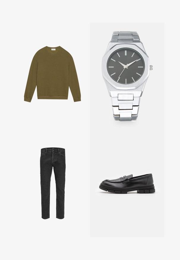 Maglione a maniche lunghe verde oliva con motivo herringbone testurizzato, collo rotondo e polsini e orlo a coste. Taglio semplice e rilassato.; Jeans in denim nero con design a gamba dritta, cinque tasche e passanti per cintura, caratterizzati da una texture leggermente sbiadita e cuciture a contrasto.; Mocassini in pelle nera con finitura liscia, dotati di un dettaglio di cinturino anteriore e di una suola in gomma spessa con accenti scanalati.; Orologio analogico argento con cassa ottagonale, quadrante grigio, indicatori delle ore argentati e bracciale in acciaio inossidabile. Design minimalista con texture liscia.