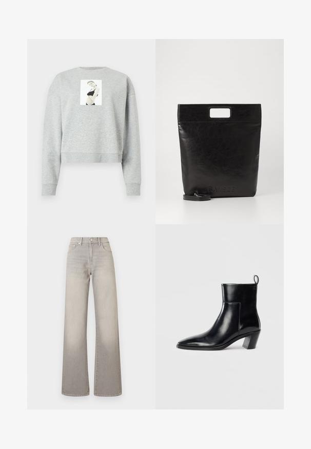 Šedá skrátená mikina vyrobená z mäkkej látky, s predným fotografickým potlačou umiestneným na hrudi. Ribované manžety a výstrih.; Šedé široké džínsy s vyblednutým povrchom, zapínanie na gombík, dizajn s piatimi vreckami a prešitie pozdĺž švov.; Čierna kožená členková čižma s špicatou špičkou, geometricky tvarovaným podpätkom a pútkom na zadnej strane. Hladká textura a elegantný dizajn.; Čierna kožená taška cez rameno so štvorcovou rukoväťou, ktorá má textúrovaný povrch a embosované logo. Obsahuje odnímateľný popruh.