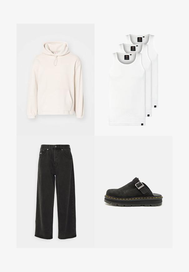 Helle beige Kapuzenjacke aus weichem Fleece-Material. Verfügt über eine einstellbare Kapuze, eine Fronttasche, gerippte Bündchen und ein minimales Logodesign.; Drei weiße, gerippte Tanktops aus Baumwolle. Merkmale einen Rundhalsausschnitt und kleine schwarze Etiketten am Saum. In mehreren Größen erhältlich.; Obey Clothing BIGWIG BAGGY - Baggy Jeans - black; Schwarzes Wildleder-Clog mit verstellbarem Riemen, ausgestattet mit einer dicken schwarzen Gummisohle und kontrastierenden gelben Nähten entlang der Kante.