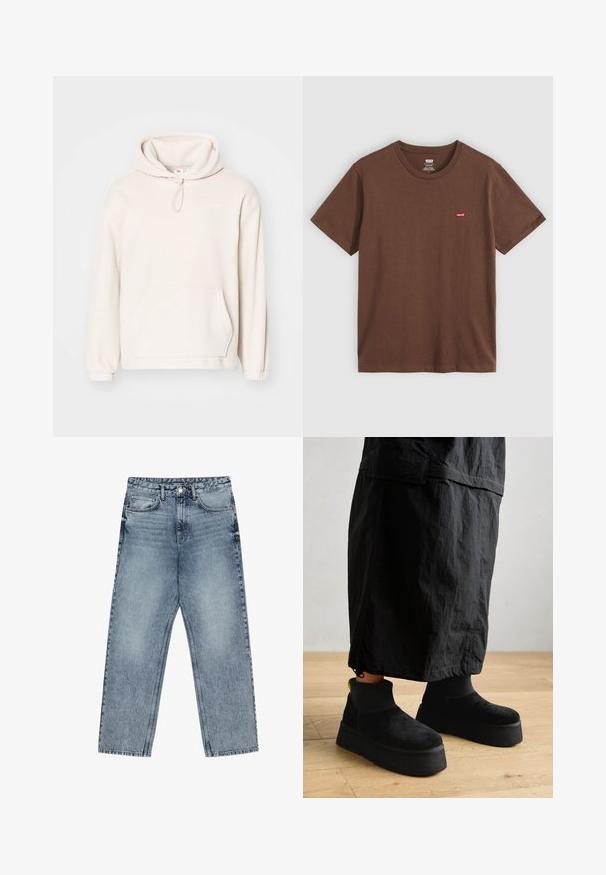Light beige hoodie, made of soft fleece material. Features a drawstring hood, front pocket, ribbed cuffs, and minimal logo detail.; Brown short-sleeve Levi's crew neck t-shirt with small red Levi's logo on left chest, laid flat on a light background.; Light blue denim jeans with a straight leg cut, visible stitching, five pocket design, and a button closure at the waist.; Black platform ankle boots made of soft suede with a smooth finish and a thick sole. Features a ribbed texture and a neon accent at the heel.