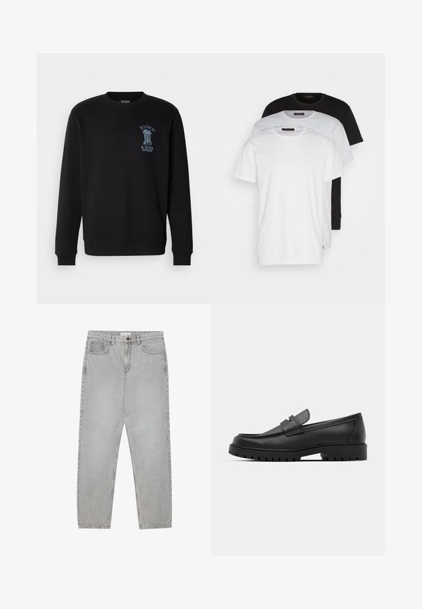 Mustern mitte pikka varrukate ja ribiga mansettidega must särk. Ees on sinine graafiline logo koos dekoratiivsete elementidega.; Kolm ümmarguse kaelusega T-särki valges, helesinises ja mustas. Valmistatud pehmest puuvillast, lühikeste varrukatega ja mugava lõikega.; Heledad hallide denimpüksid otse säärekujundusega, viie-taskulise stiliseerimise ja nupukinnitusega. Nähtav õmblus kõrvuti.; Mustad musta nahast loafers, millel on ümar varvas, tikandiga disain, madal platvorm-soon ja tekstureeritud, soonikkummist välistald.