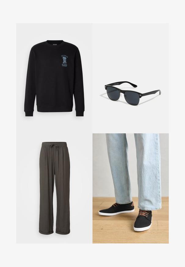 Melns džemperis ar garajām piedurknēm, ribotām aprocēm un apaļu kakla izgriezumu. Uz krūtīm ir zila grafiska logo ar dekoratīviem elementiem.; Tumši pelēki platajās bikses ar aukliņu jostu, izgatavotas no mīkstas, teksturētas auduma, ar sarullētām piedurknēm pie potītēm.; Melnas auduma čības ar brūniem akcentiem, baltām gumijas zolēm un brūnām šņorēm, kombinētas ar gaiši ziliem taisnajiem džinsiem. Koka grīdas fons.; Melnas saulesbrilles ar taisnstūra formu, tumšiem stenģiem, sudraba akcentiem pie tempļiem un matētu apdari uz rāmja.