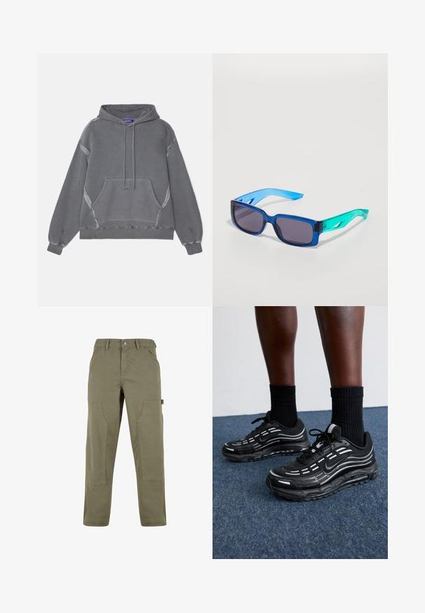 A-COLD-WALL* FACADE HOODIE - Sweat à capuche - black onyx; Pantalons cargo en mélange de coton vert olive, dotés de poches latérales, d'une fermeture à bouton et d'une coupe décontractée avec des coutures renforcées.; Des chaussures Nike noires présentent une tige en mesh avec des rayures d'accent, un laçage texturé et une semelle en caoutchouc noir. Portées avec des chaussettes noires côtelées.; Lunettes de soleil bleues et vertes avec des verres rectangulaires ; monture transparente ; branches bleues texturées ; verres sombres ; marque notable sur le côté.